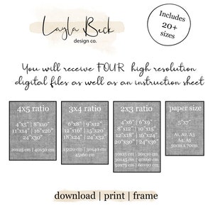 May include: A digital download graphic design product listing for printable wall art. The listing includes four high-resolution digital files in four different aspect ratios: 4x5, 3x4, 2x3, and a standard paper size. The listing also includes an instruction sheet. The image shows the different aspect ratios and their corresponding sizes in inches and centimeters.