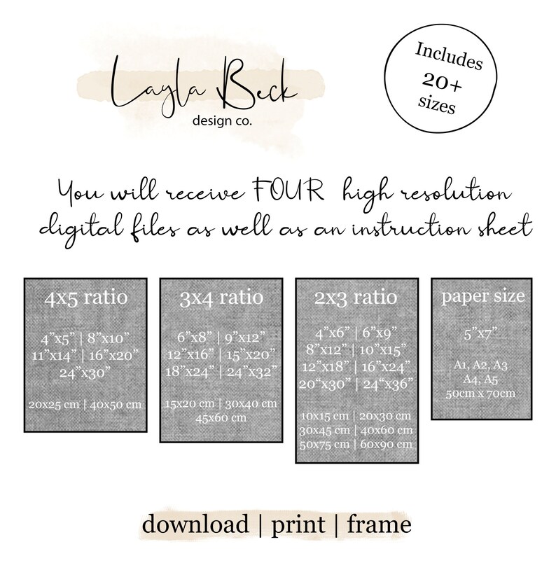 May include: A digital download graphic design product listing for printable wall art. The listing includes four high-resolution digital files in four different aspect ratios: 4x5, 3x4, 2x3, and a standard paper size. The listing also includes an instruction sheet. The image shows the different aspect ratios and their corresponding sizes in inches and centimeters.