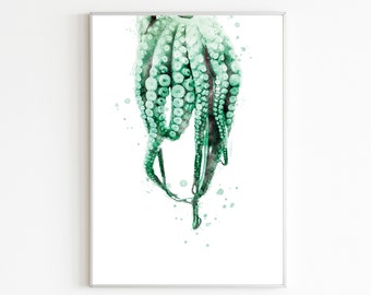 Teal Octopus Watercolor | Sea Creature Painting | Minimalist Ocean Print