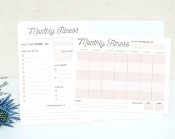 Monthly Fitness Printable Calendar . Digital File . Printable Scheduler, Planner, Organizational Tool, Goal and Fitness Tracker