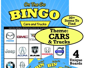 May include: A blue and yellow bingo card with the title "On The Go Bingo: Cars and Trucks". The card features logos of car brands like Honda, Jeep, Mazda, and Volvo. The text "30+ Items To Find" and "Theme: Cars & Trucks" is also visible. There are four unique bingo boards included.