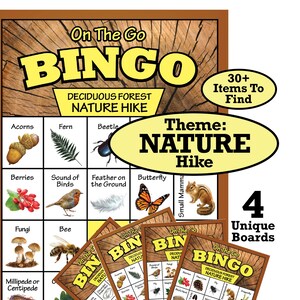 Nature Hike - Bingo Board - 4 Unique Boards - Instant Download - Deciduous Forest