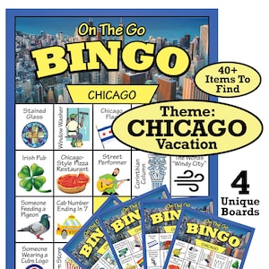 Juego de bingo de viaje de Chicago con tablero de búsqueda del tesoro - 4 tableros únicos - Descarga instantánea - Divertido juego de vacaciones