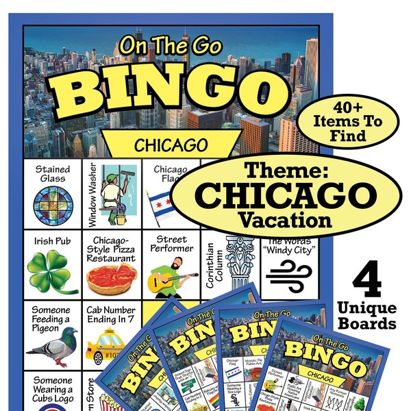 Chicago Travel Bingo Game Board Resembling A Scavenger Hunt - 4 Unique Boards - Instant Download - Fun Vacation Game