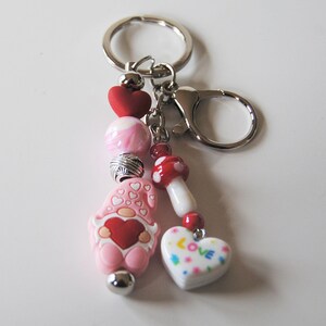 Love Keychain Gnome Mushroom, Silicone bead keychain, Gnome heart keychain, Glass mushroom, Pink Gnome keychain, Silver tone keychain