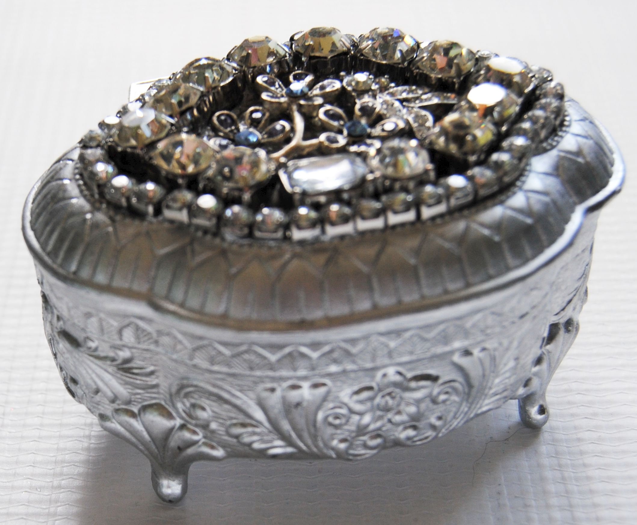 Japan Vintage Metal Rhinestone Crystal Jewelry Box 4 footed Etsy