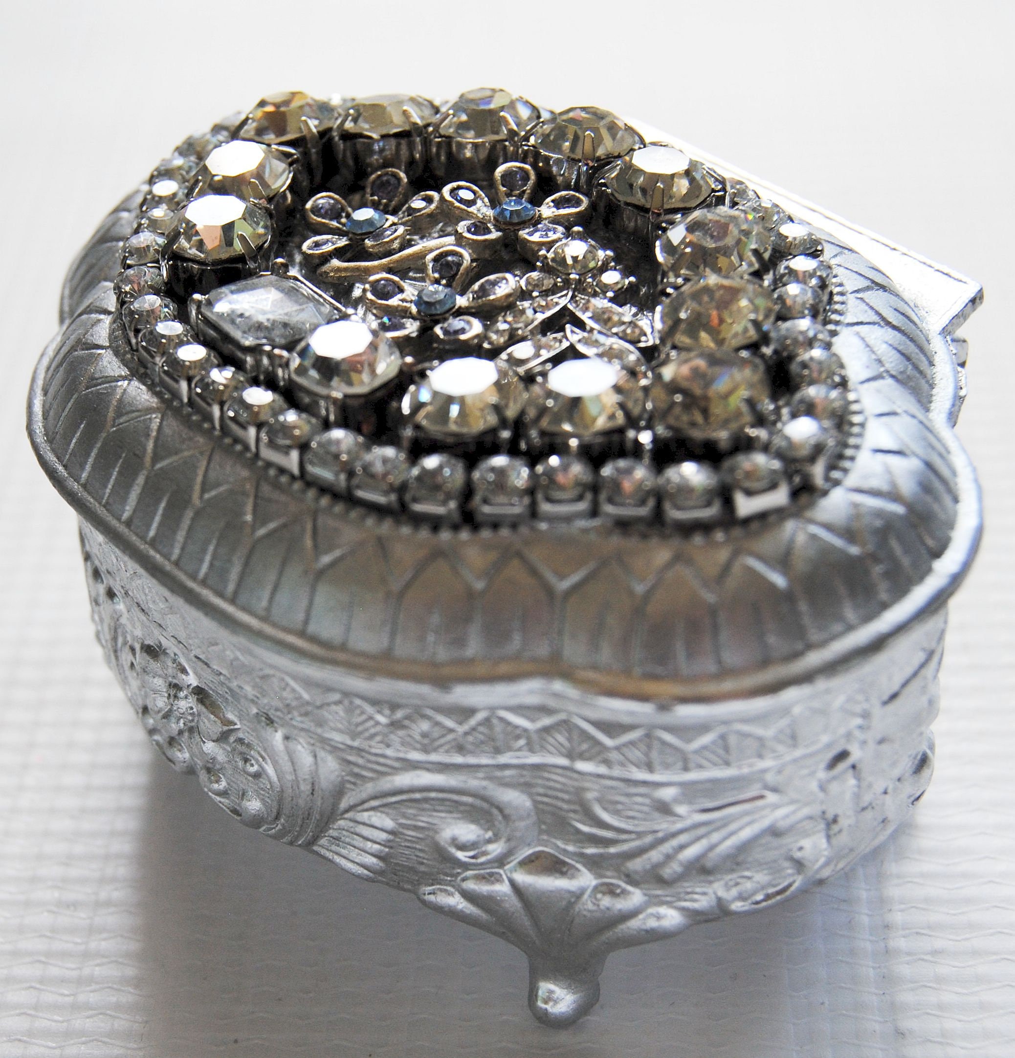 Japan Vintage Metal Rhinestone Crystal Jewelry Box 4 footed Etsy