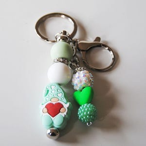 Gnome Silicone keychain, Minty green gnome, Silver tone keychain, Green heart keychain, Glitter bead keychain, Love keychain