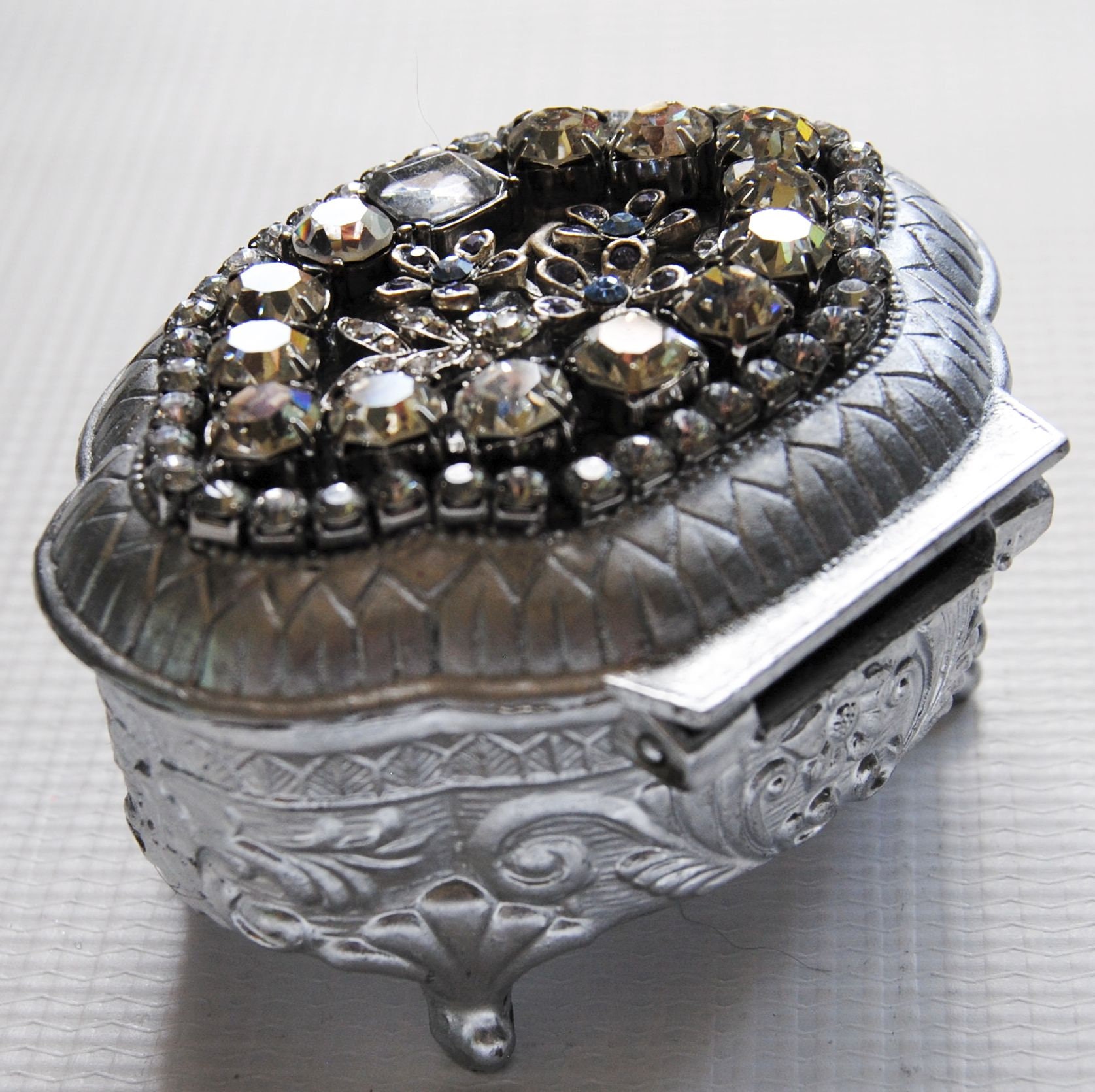 Japan Vintage Metal Rhinestone Crystal Jewelry Box 4 footed Etsy
