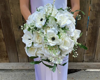 White Anemone & Rose Bouquet, Lily of the Valley Bridal Bouquet, Greenery Wedding Bouquet, Wedding Flowers, Silk Flowers Artificial Faux