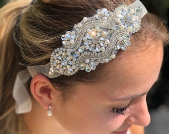 Crystal Ribbon Headband, Wedding hair accessory, Bridal Ribbon headband, wedding hairpiece, Ribbon and Crystal headband, Wedding headpiece