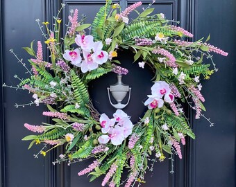 Grapevine wreath, All year around wreath, Floral wreath, Garden wreath, Orchid wreath, Pink wreath, front door wreath, flower wreath