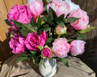 9 peony bouquet, peonies, peony bouquet, pink peonies, pink peony stems, fuchsia peonies, white peonies