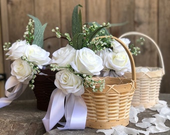 Blumenmädchenkorb, rustikaler Hochzeitskorb aus Holz, dekorierter Blumenkorb, Weidenblumenmädchenkorb, Blumenkörbe, dekorierte Holzkörbe,