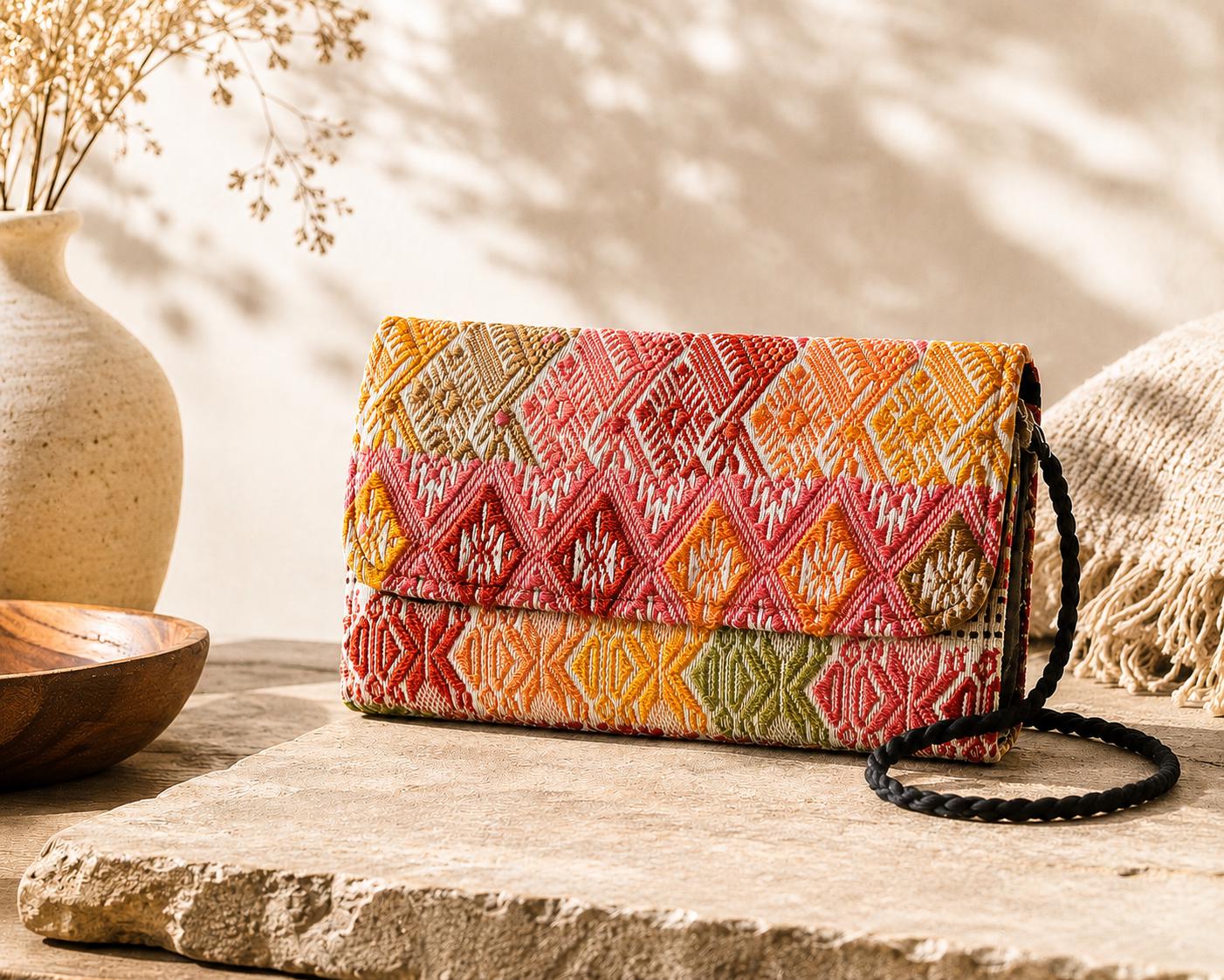 Guatemala Artisan Woven Cotton Clutch Wallet Removable Strap Boho Bag AF