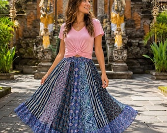 Indian Cotton Hand Block Floral Skirt Women's Clothing Blue Light Periwinkle