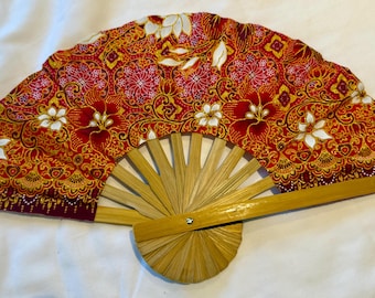 Fan Thai Folding Red Flowers Hand Bamboo Thailand Decor 53
