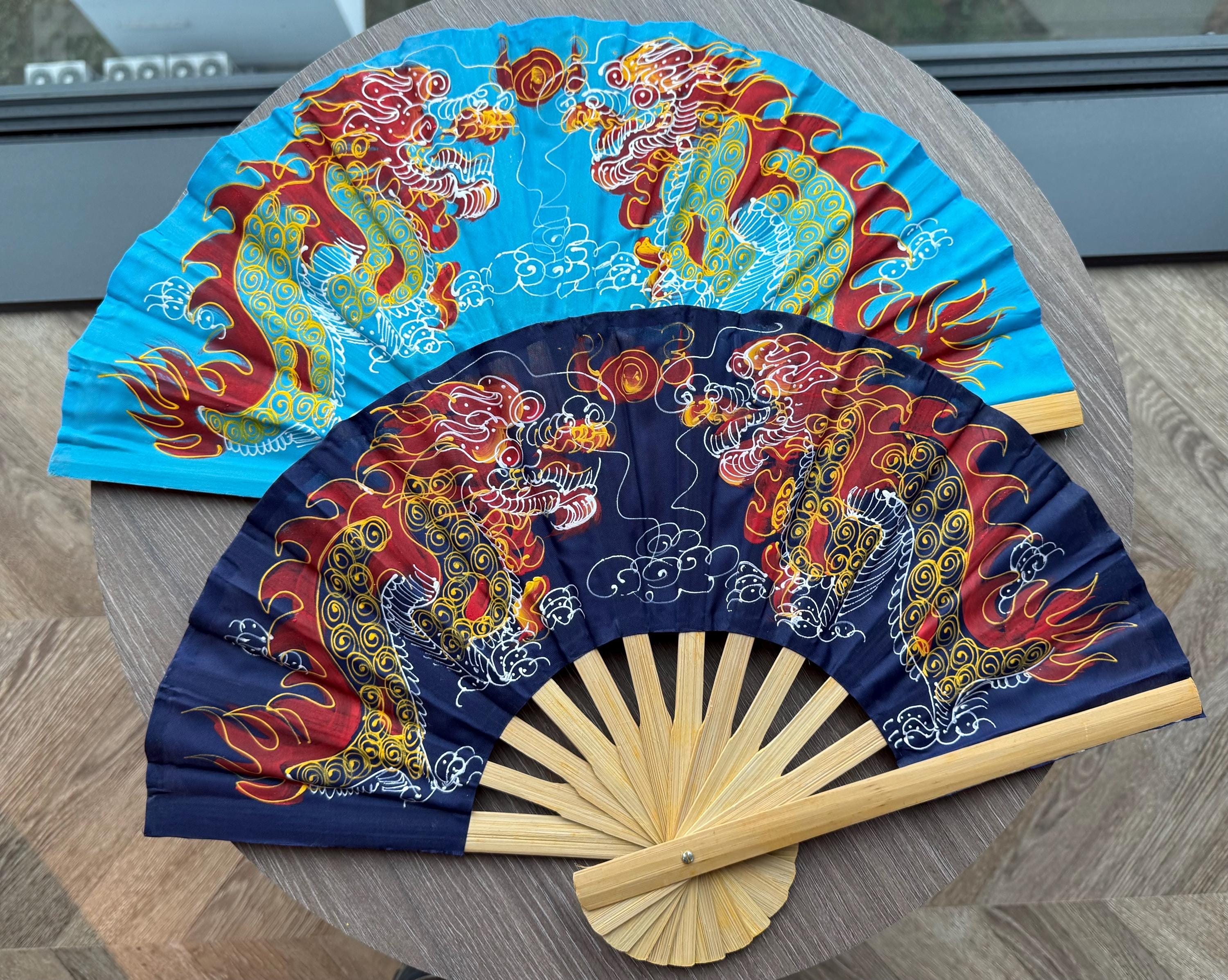 Thai Folding Fan: Blue Fan with Red Dragon Design, Bamboo and Polyester