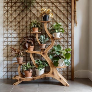 Tree Plant Stand Künstlerisches Pflanzenregal aus Massivholz, Wohndekoration Regal.