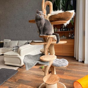 Wooden Cat Tree – Handmade Natural Branch Cat Tower – Indoor Cat Shelf Furniture – Unique Pet Tree for Living Room Decor