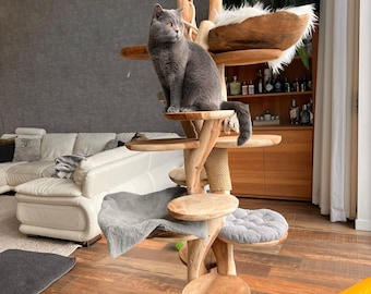 Wooden Cat Tree – Handmade Natural Branch Cat Tower – Indoor Cat Shelf Furniture – Unique Pet Tree for Living Room Decor