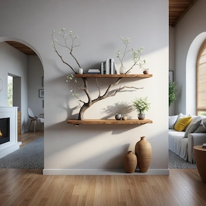 Natural wooden art Tree branch bookshelf next to a unique floating corner bookshelf decorates the home