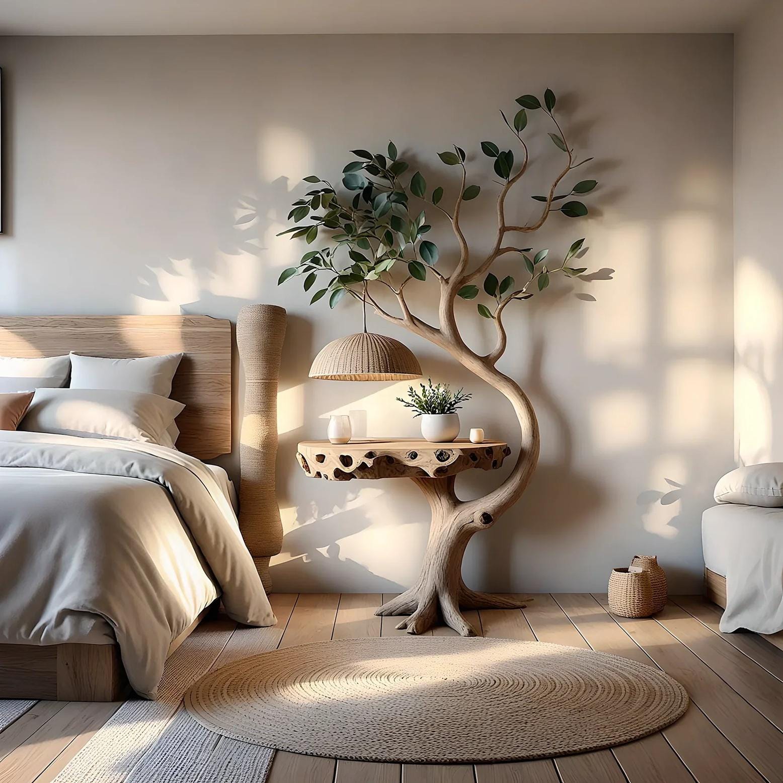 Tree shaped bedside table with night light, solid wood bedside table. 50'H ×40"W