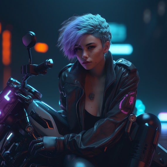 Beautiful Female Cyberpunk Girl on Futuristic Motorbike · Creative