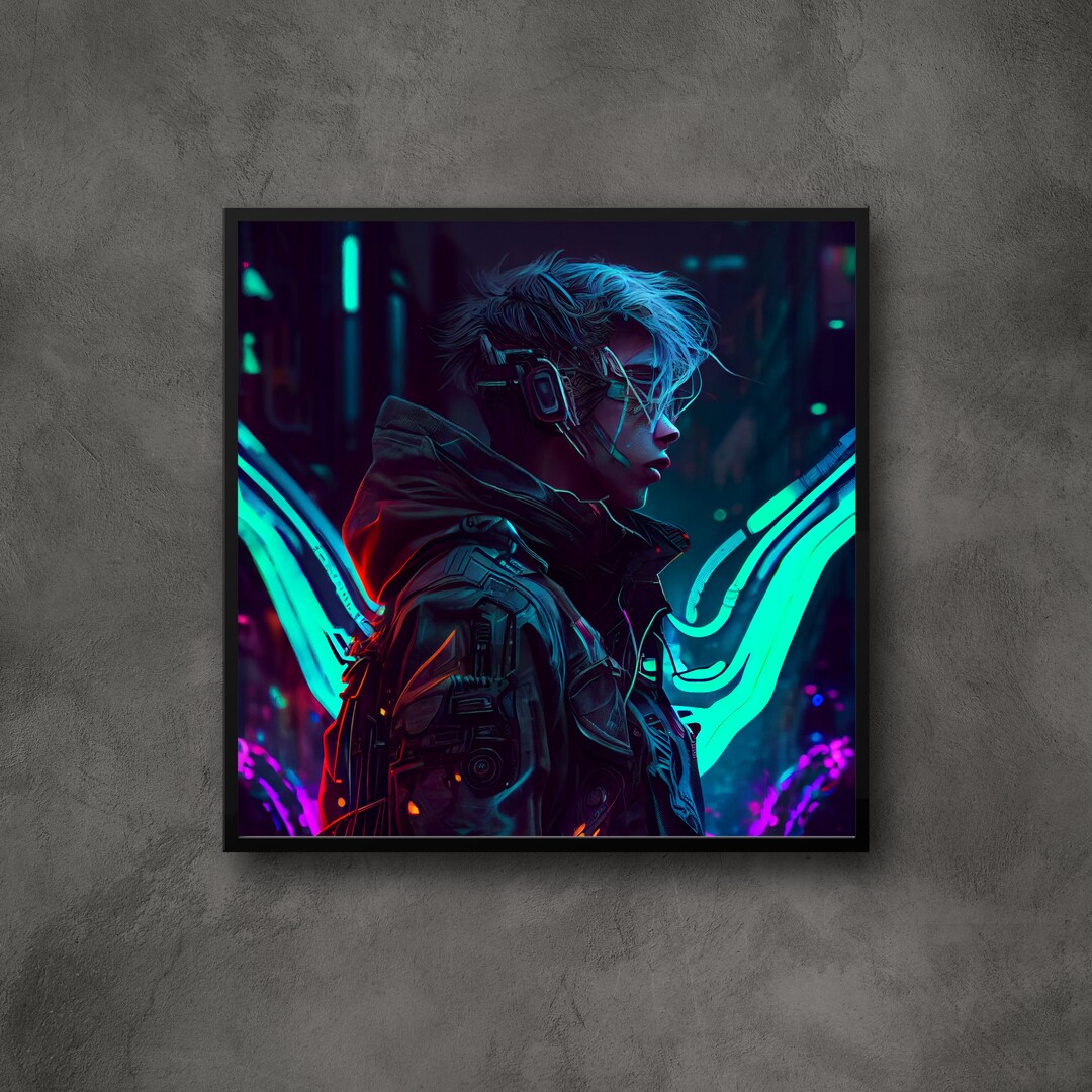 Neon Cyberpunk Guy Portrait Cyberpunk Art Print Wall Decoration Profile ...