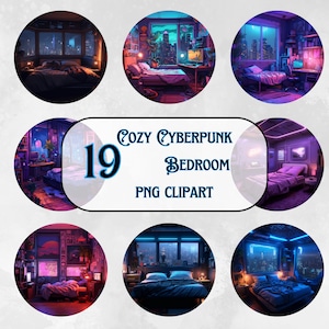 Cozy Cyberpunk Bedroom Clipart Bundle - 19 PNG Futuristic Neon Graphics - Instant Download for Commercial Use