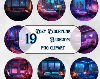 Cozy Cyberpunk Bedroom Clipart Bundle - 19 PNG Futuristic Neon Graphics - Instant Download for Commercial Use
