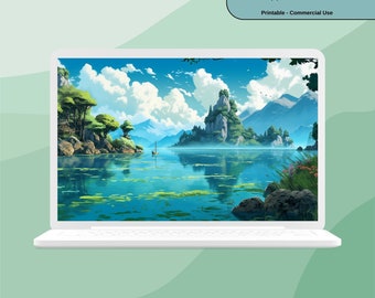Studio Ghibli Inspired Cityscape Desktop Wallpaper Bundle | 17 Digital Download Art Portrait | Printable Landscape Images