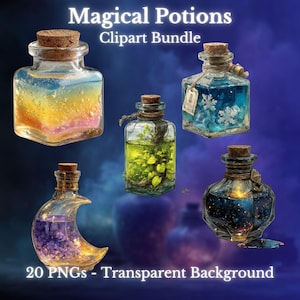 Watercolor Potion Bottles Clipart: Fantasy Elixir PNG Bundle (Digital Download)