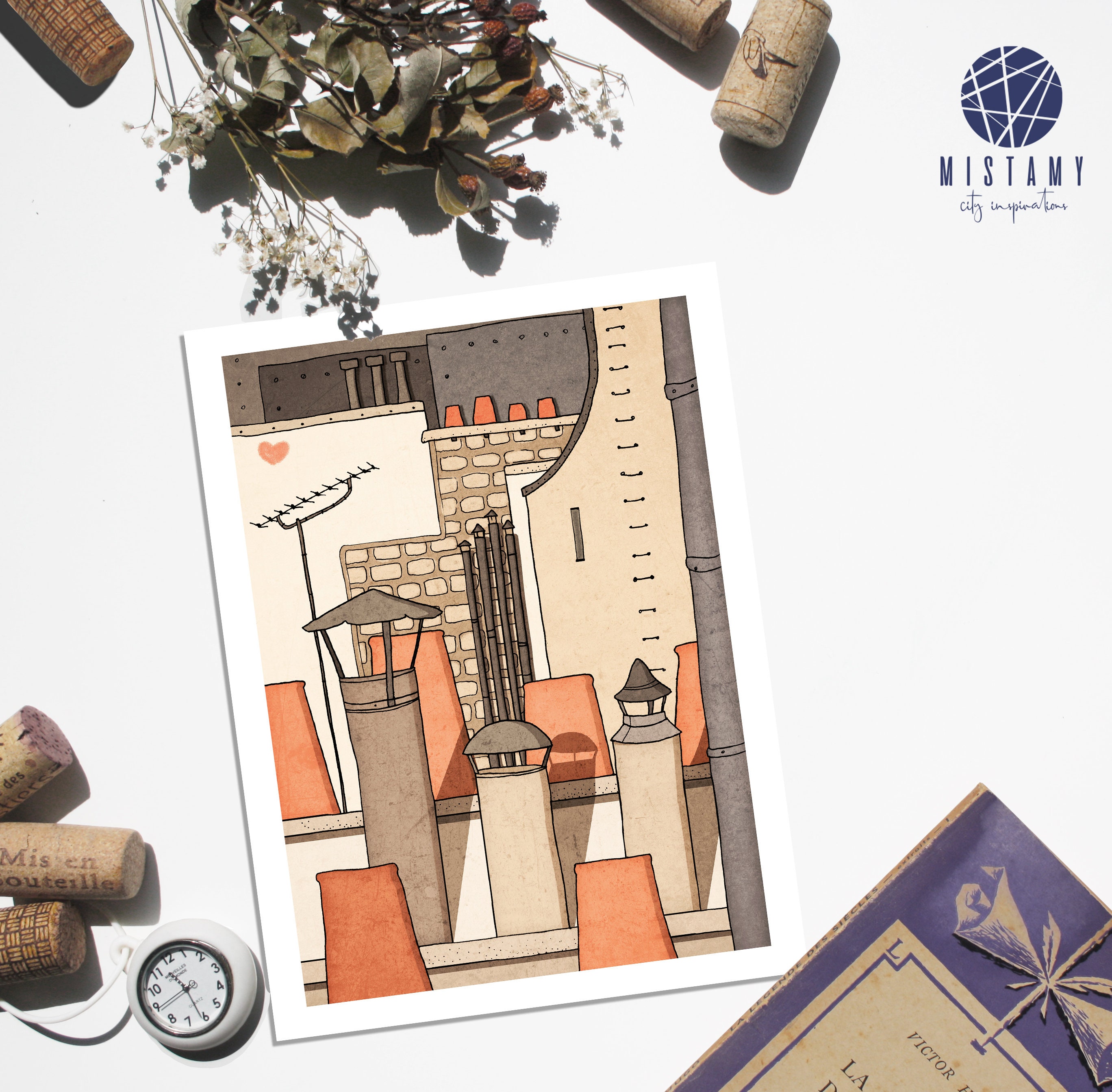 Toits de Paris Monochrome Fine Art Illustration Architecture Illustration Dessin Affiche