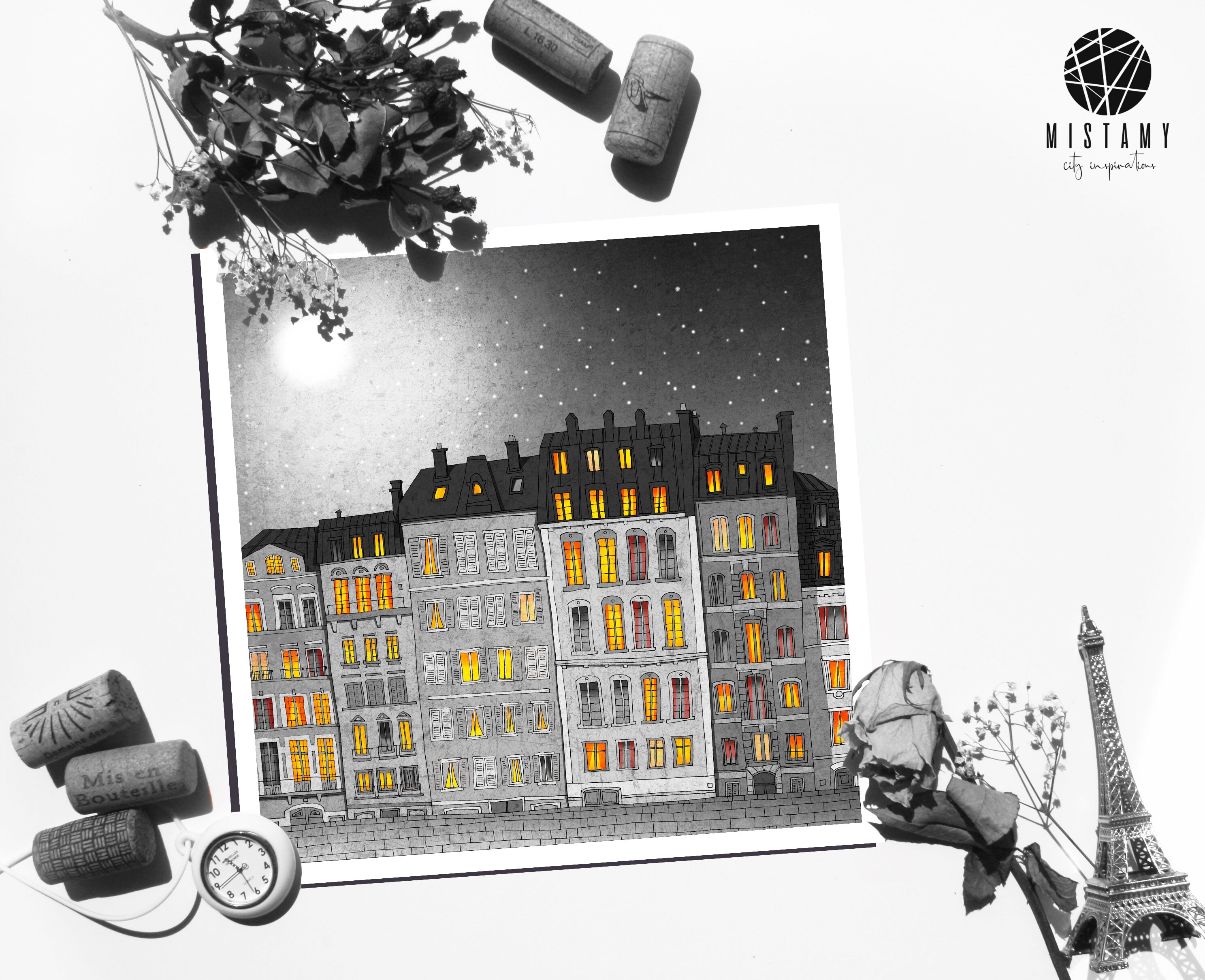 Lorsque La Nuit Est Tombée Noir et Blanc Paris Illustration Architecture Fine Art Print Giclée