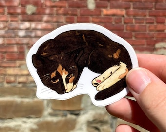 Sleepy Calico Cat with black, orange, and white fur, Premium Vinyl