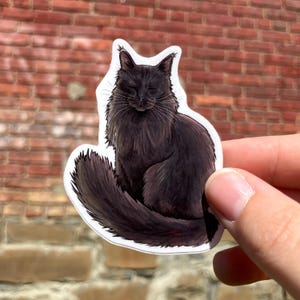 May include: A die-cut sticker featuring a long-haired black cat with its eyes closed in a serene expression. The cat has prominent ear tufts and a large, fluffy tail curled around its body, rendered in shades of black and dark charcoal gray.