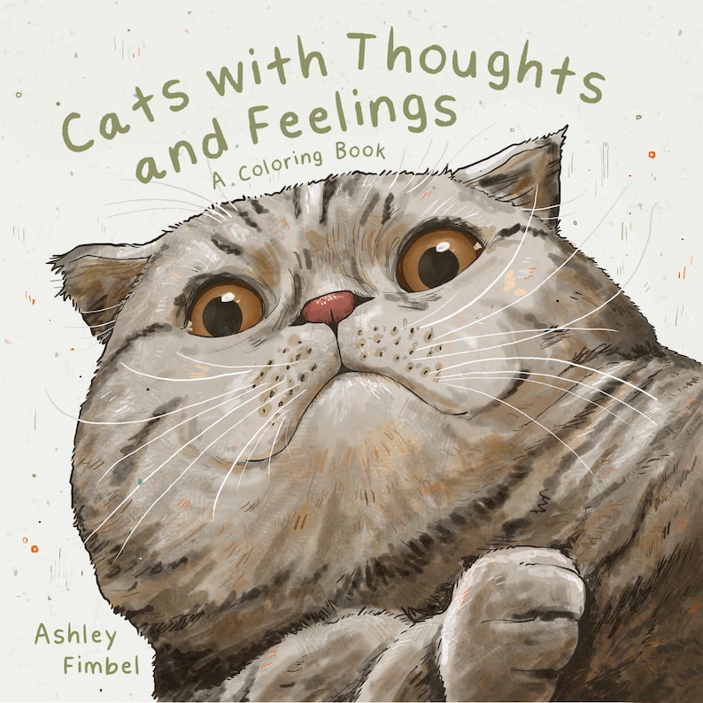Puede incluir: Un libro para colorear titulado "Gatos con pensamientos y sentimientos" que presenta un primer plano de un gato gris y blanco con grandes ojos redondos mirando hacia arriba.