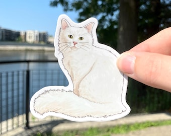 Fluffy Long Hair White Cat, Premium Vinyl Sticker