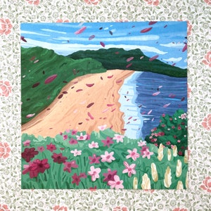 Art Print, Beach Landscape and Flowers, 8 x 8 inch, signed and numbered