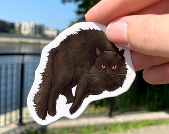 Gato negro esponjoso, pegatina de vinilo premium