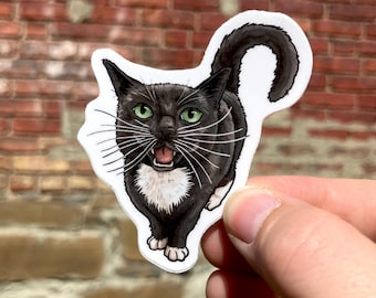 Tuxedo Cat, Yelling or Meowing, Premium Vinyl Sticker