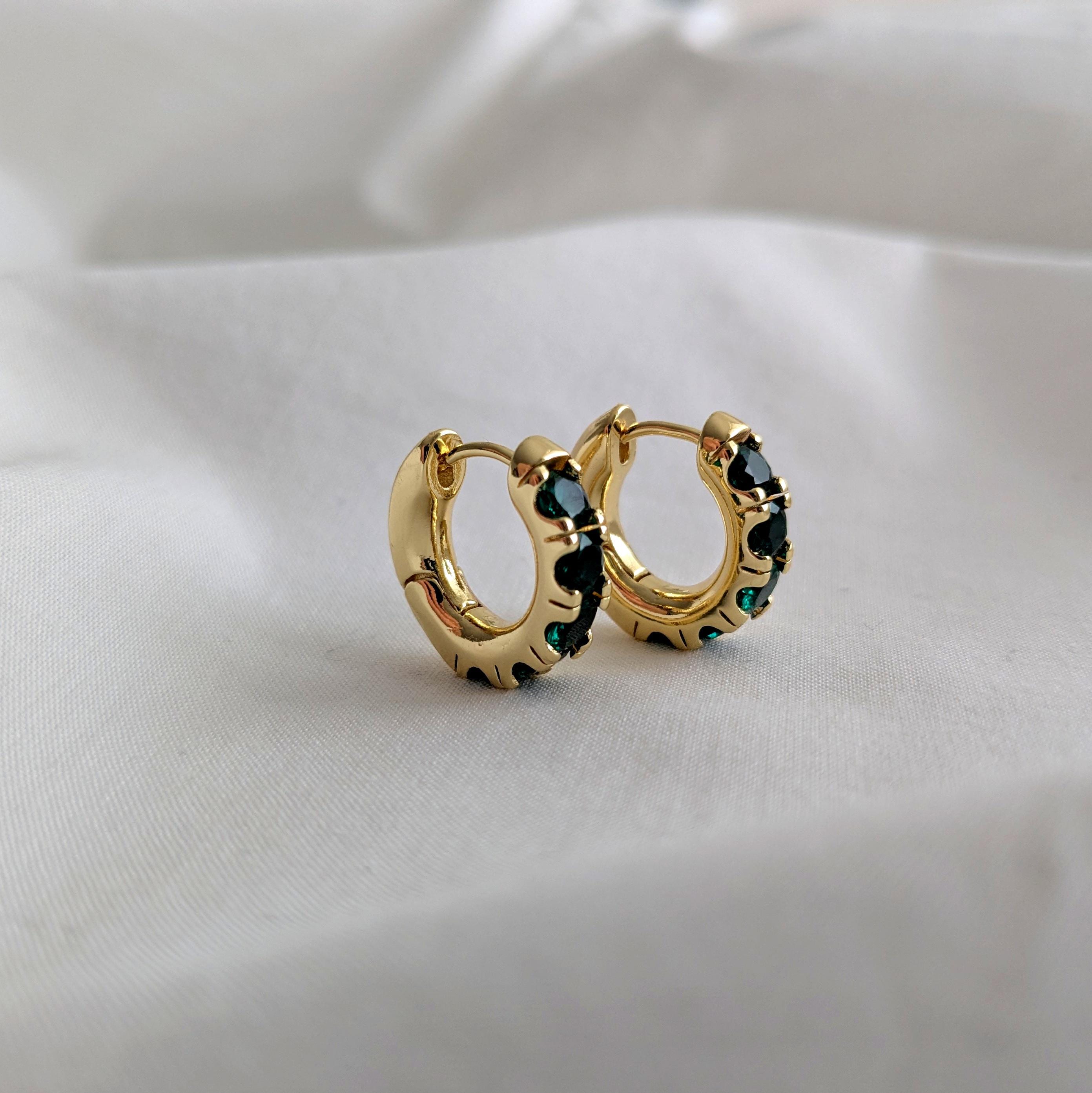 Green Hoop Earrings | Green and Gold Earrings | Emerald Jewelry | Green Stone Earrings
