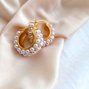Creolen mit Perlen Ohrringe gold mit Perlen besetzt Ohrringe Hochzeit Kleine Perlen Ohrringe gold Bild 4