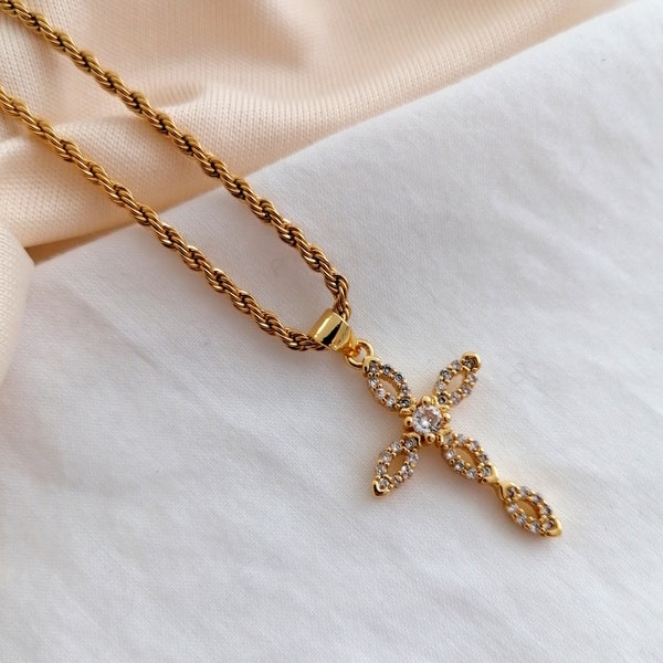Kreuz Kette | Kreuzkette Gold | Halskette mit Kreuzanhänger | Rope Kette Gold | Kreuz Anhänger | Geschenk Kommunion | Konfirmation Geschenk