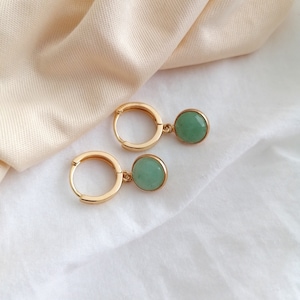 Earrings gold green stone | Aventurine jewelry | Natural stone earrings | Gold plated hoops | Turquoise Earrings | Round earrings green