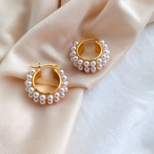 Creolen mit Perlen Ohrringe gold mit Perlen besetzt Ohrringe Hochzeit Kleine Perlen Ohrringe gold Bild 6