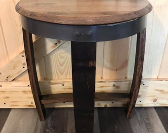 Half Moon Barrel Table, Whiskey barrel furniture, Mancave furniture, Barrel end table