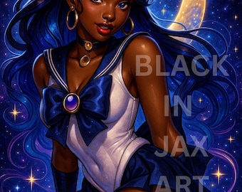 Black Cosmic Guardian Anime Girl Melanin Magical Girl Art Black Anime Digital Download Poster African American Anime Decor