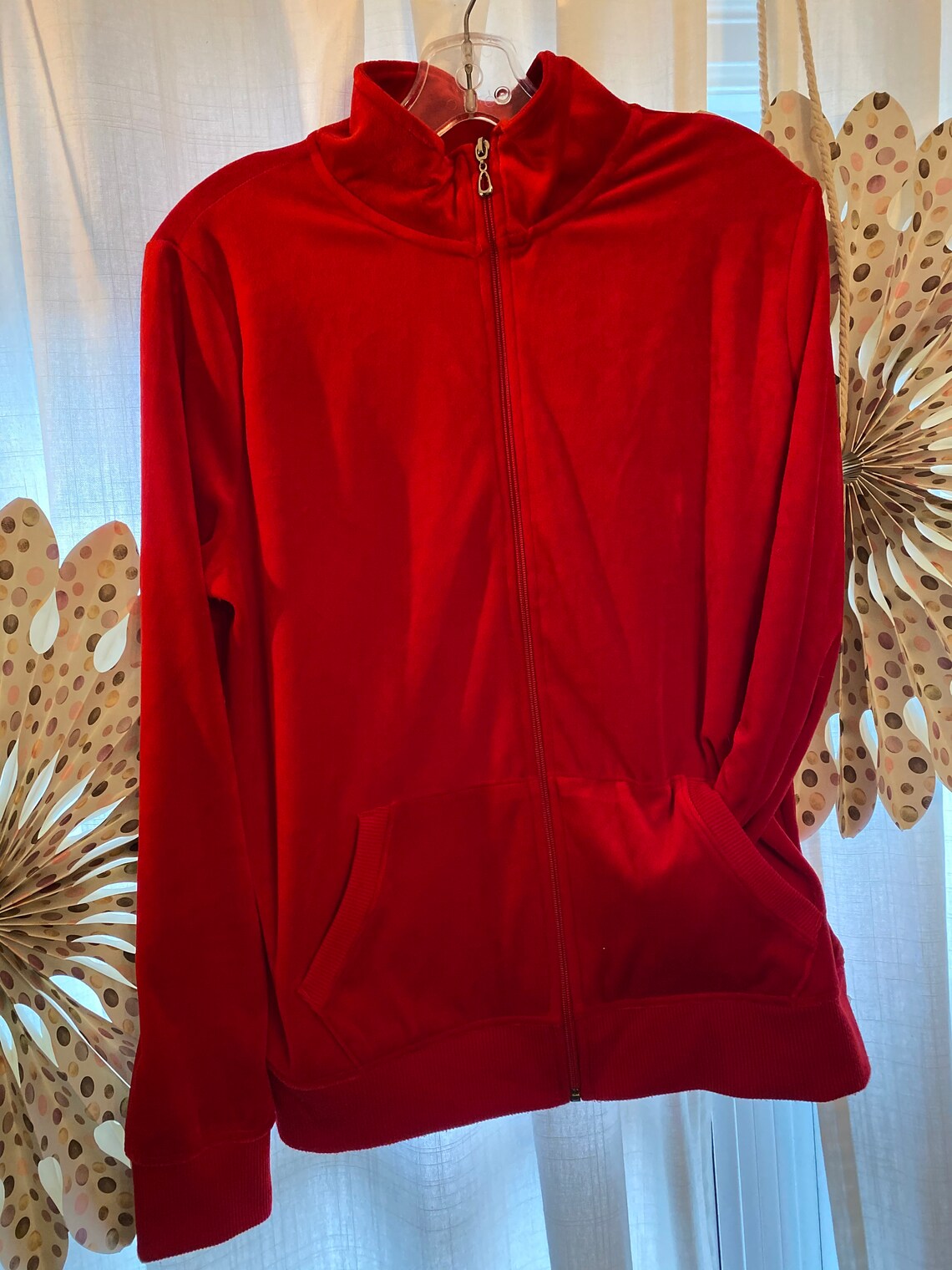 Velvet red zip up sweater size XL velour sweater | Etsy